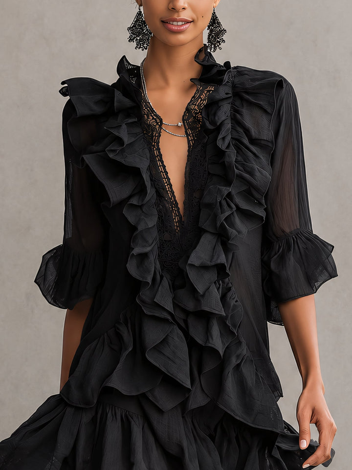 Elegant black ruffle mini dress with V-neck and sheer sleeves, a perfect choice for special occasions & evening wear.