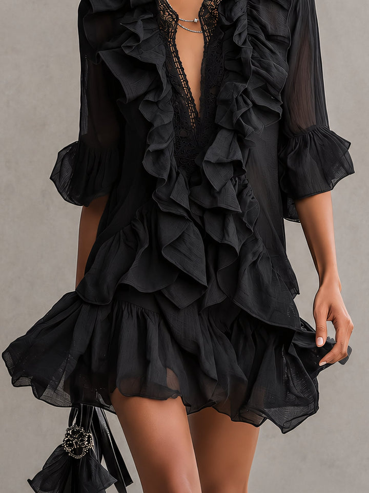 Chic black ruffle mini dress for women, featuring a flattering V-neck and elegant sheer sleeves. Great for parties & date nights.