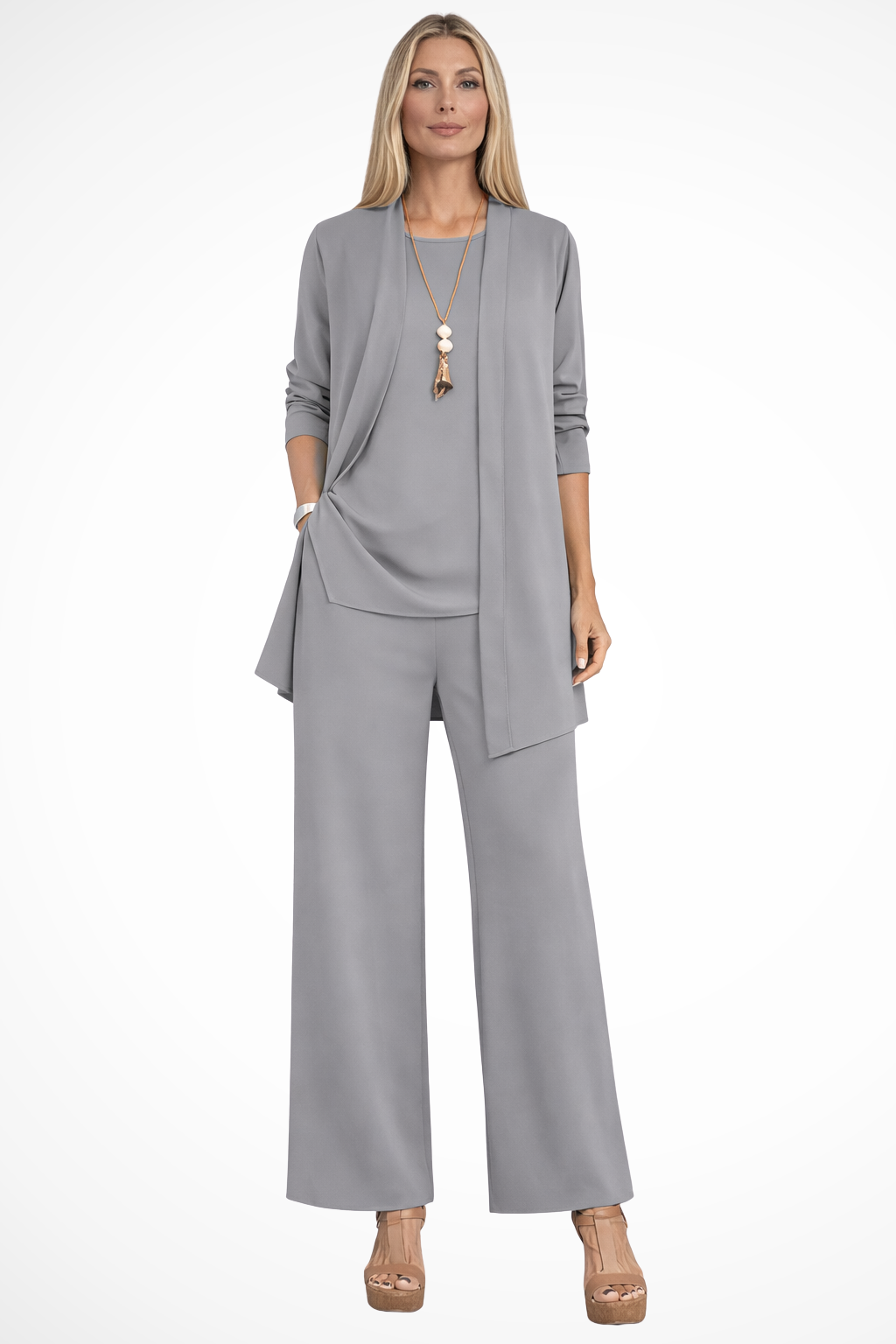 Chic women's 3-piece coordinated set with unique button details, ideal for sophisticated events.