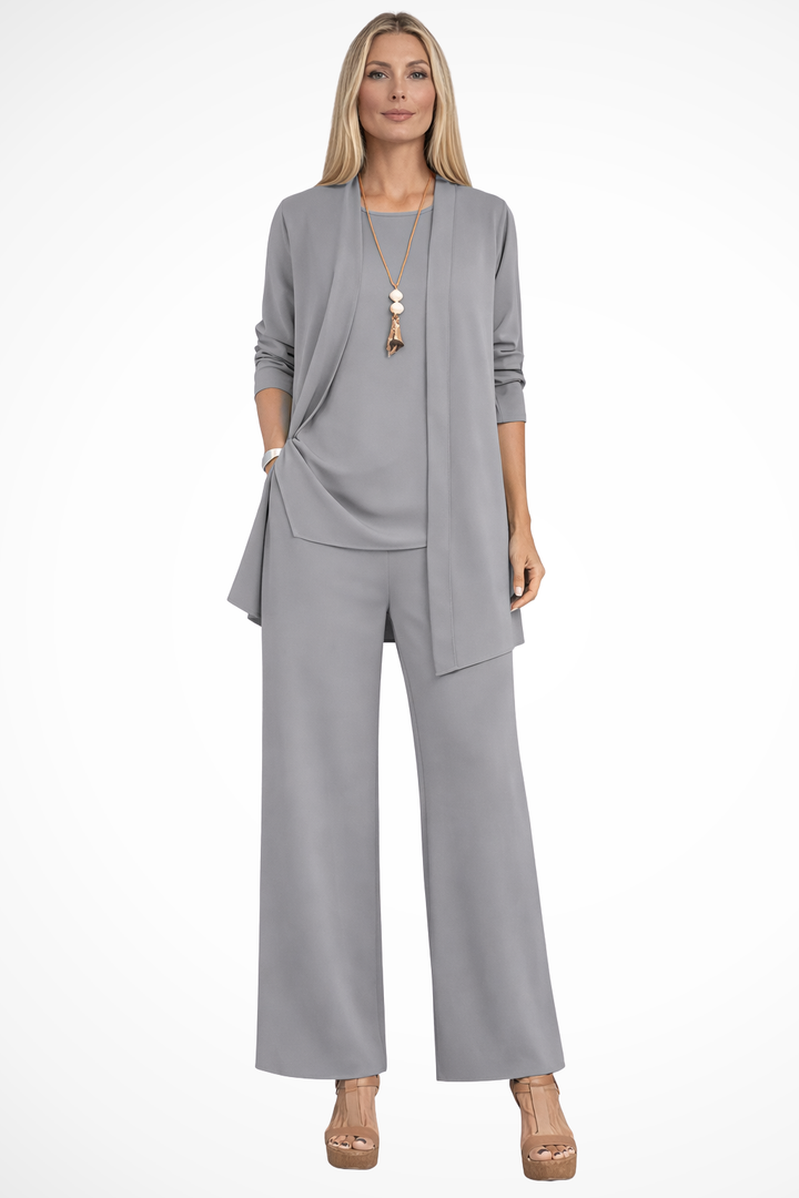 Chic women's 3-piece coordinated set with unique button details, ideal for sophisticated events.