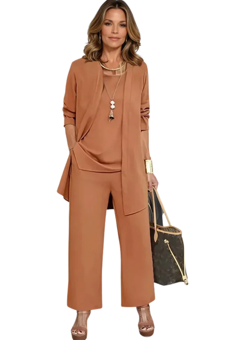 Sophisticated women's navy 3-piece suit, a versatile choice for professional and special occasions.
