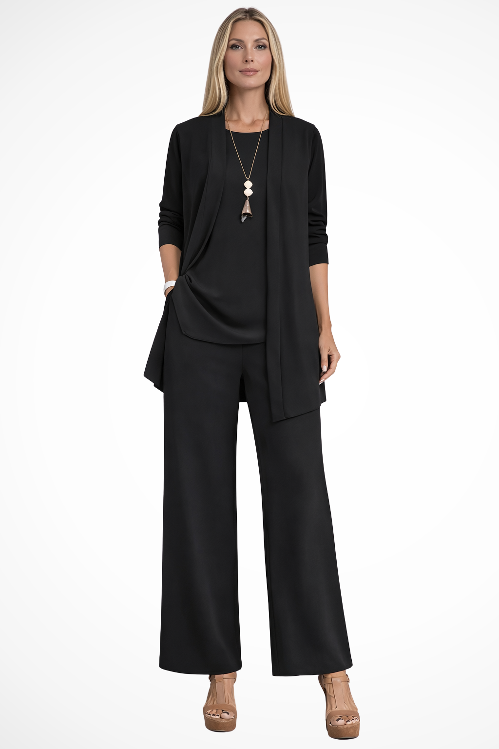 Stylish white women's formal 3-piece set, ideal for elegant party wear or evening events.
