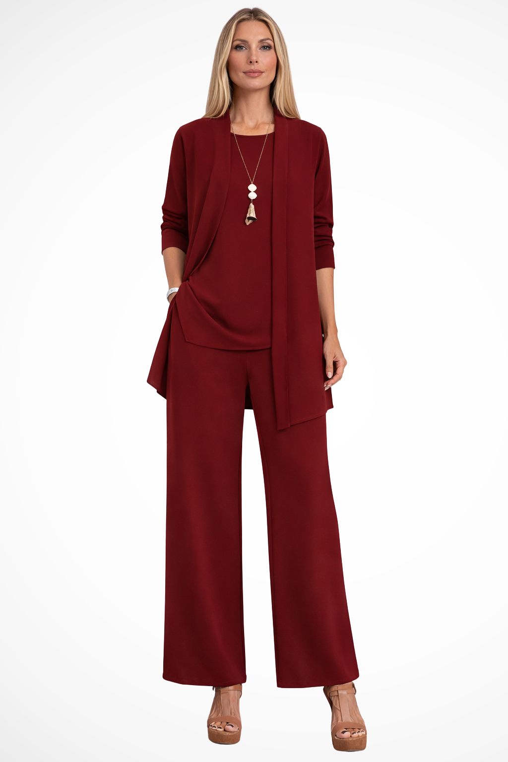 Back view of an elegant women's 3-piece outfit set, highlighting its sophisticated design.
