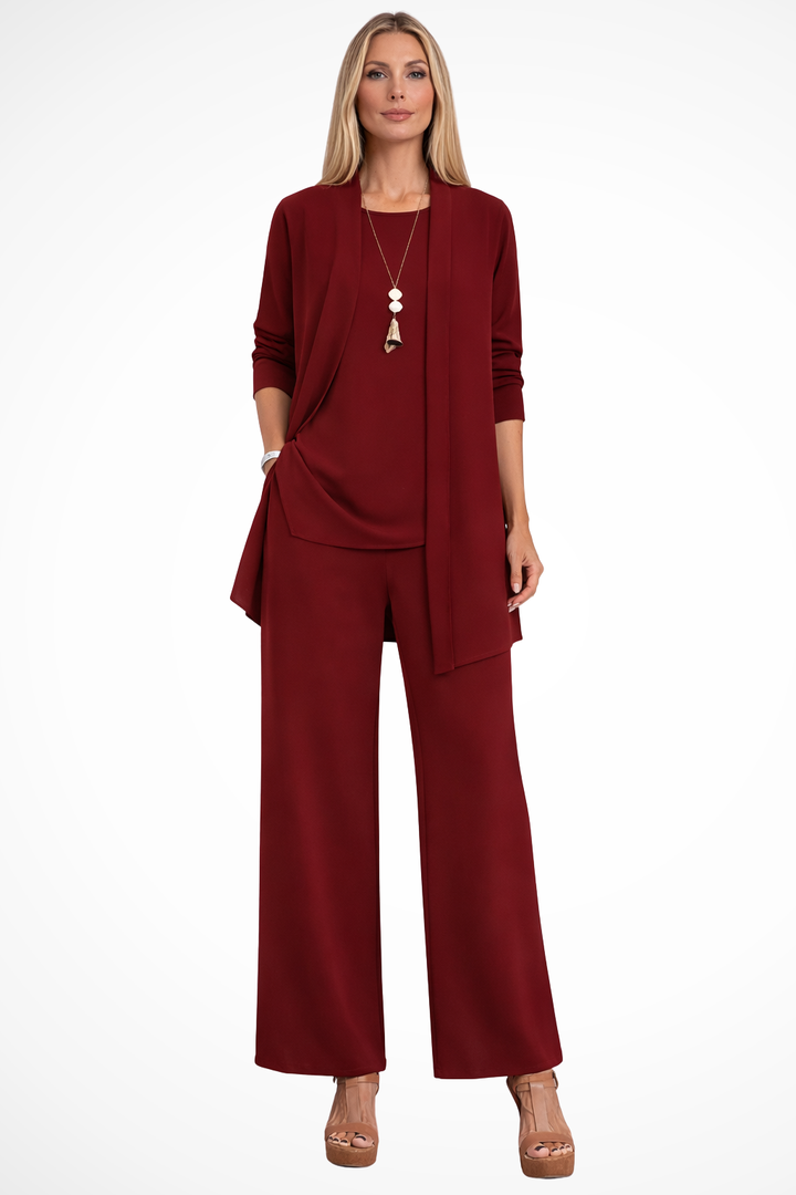 Back view of an elegant women's 3-piece outfit set, highlighting its sophisticated design.