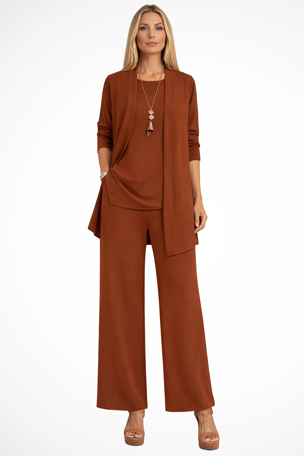 Woman modeling a complete formal 3-piece outfit set, designed for elegant party and evening wear.