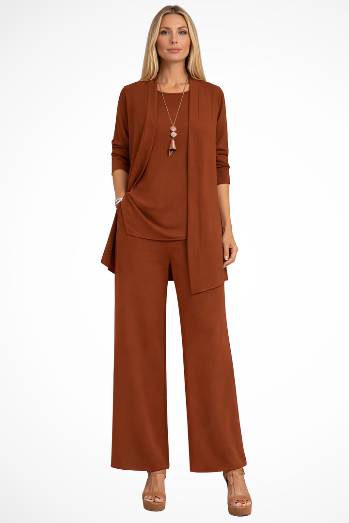 Woman modeling a complete formal 3-piece outfit set, designed for elegant party and evening wear.