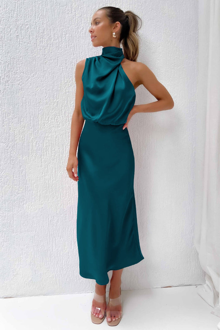 Beautiful women's red halter party dress, open back, floor-length, perfect for special nights out.