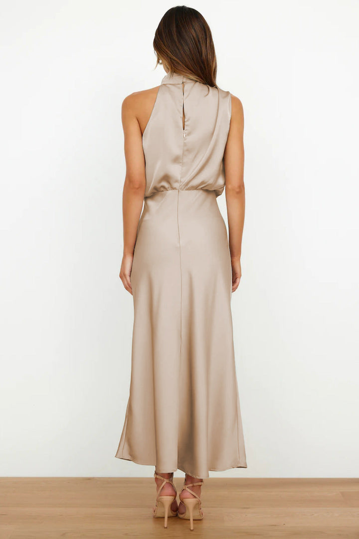 Stunning women's black halter evening gown with a graceful open back, full-length silhouette.