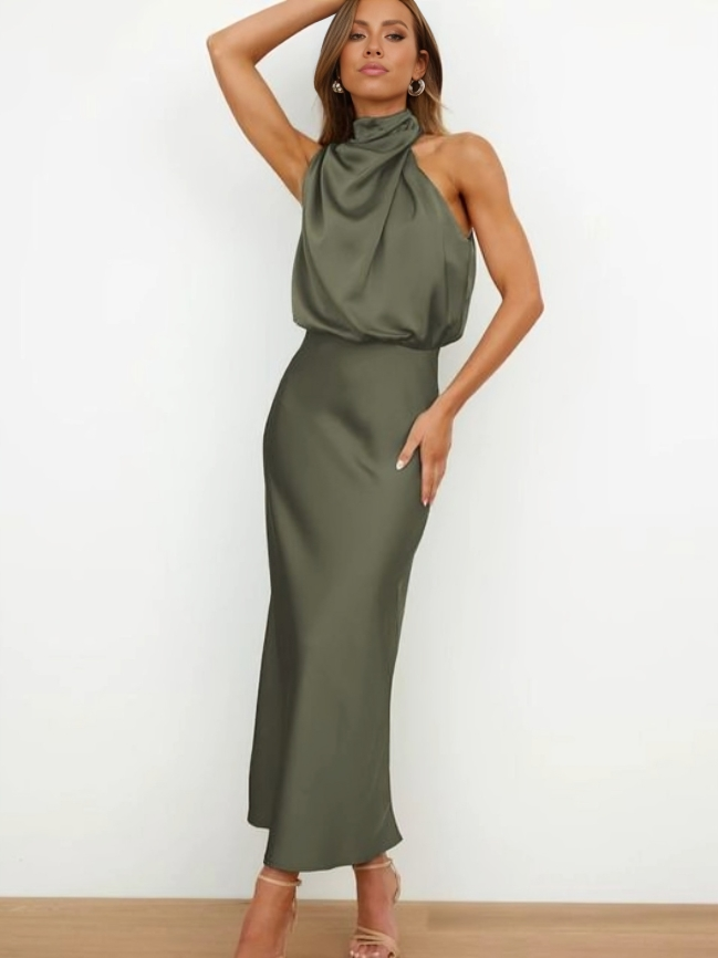 Beautiful women's halter neck special occasion dress, open back, long & flattering fit.