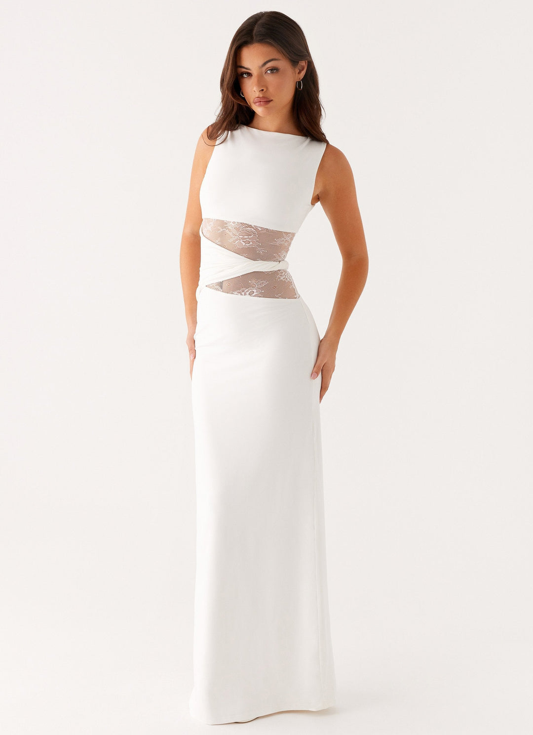 Elegant women's sleeveless maxi dress with a boat neck and delicate lace cut-out, suitable for formal events.