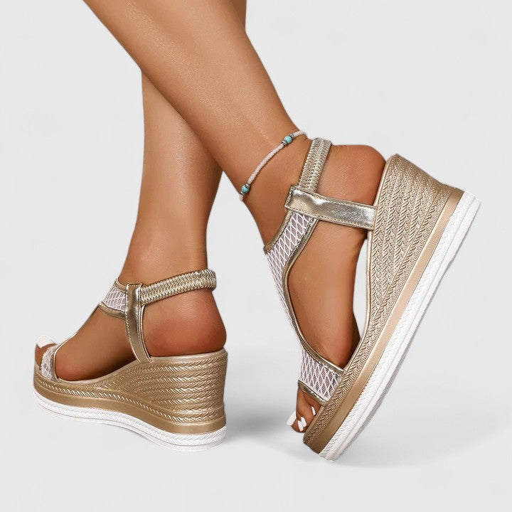 Beige open-toe elegant sandals for women, offering orthopedic comfort & posture correction.