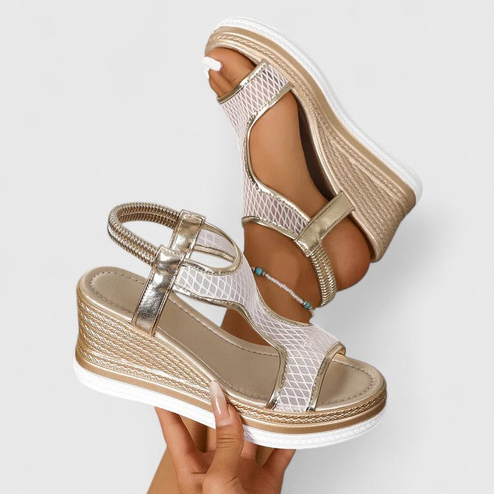 Stylish beige women's summer sandals, orthopedic design for foot pain relief & posture.