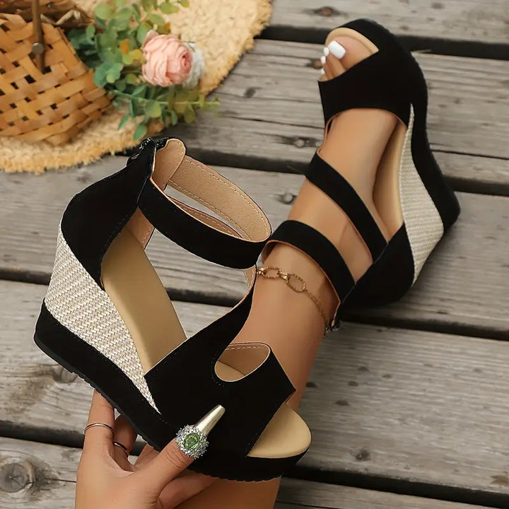 Comfortable women's black platform wedge sandals, ankle strap, ideal for elegant summer fashion footwear.
