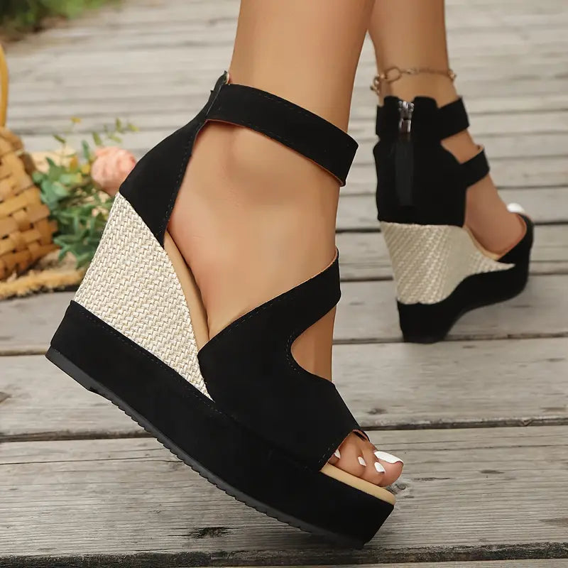 Fashionable women's black platform wedge heels with ankle strap, ideal for elegant summer events.