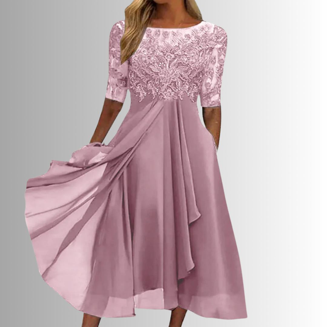 Chic pink floral women's midi dress. Ideal for special occasions, formal parties, or evening events.