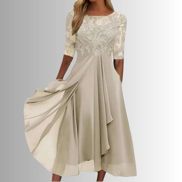 Cream floral elegant midi dress for women. Sophisticated formal wear for special occasions & events.