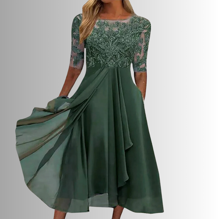 Stunning green floral women's midi dress. Elegant party wear for special occasions & evening events.
