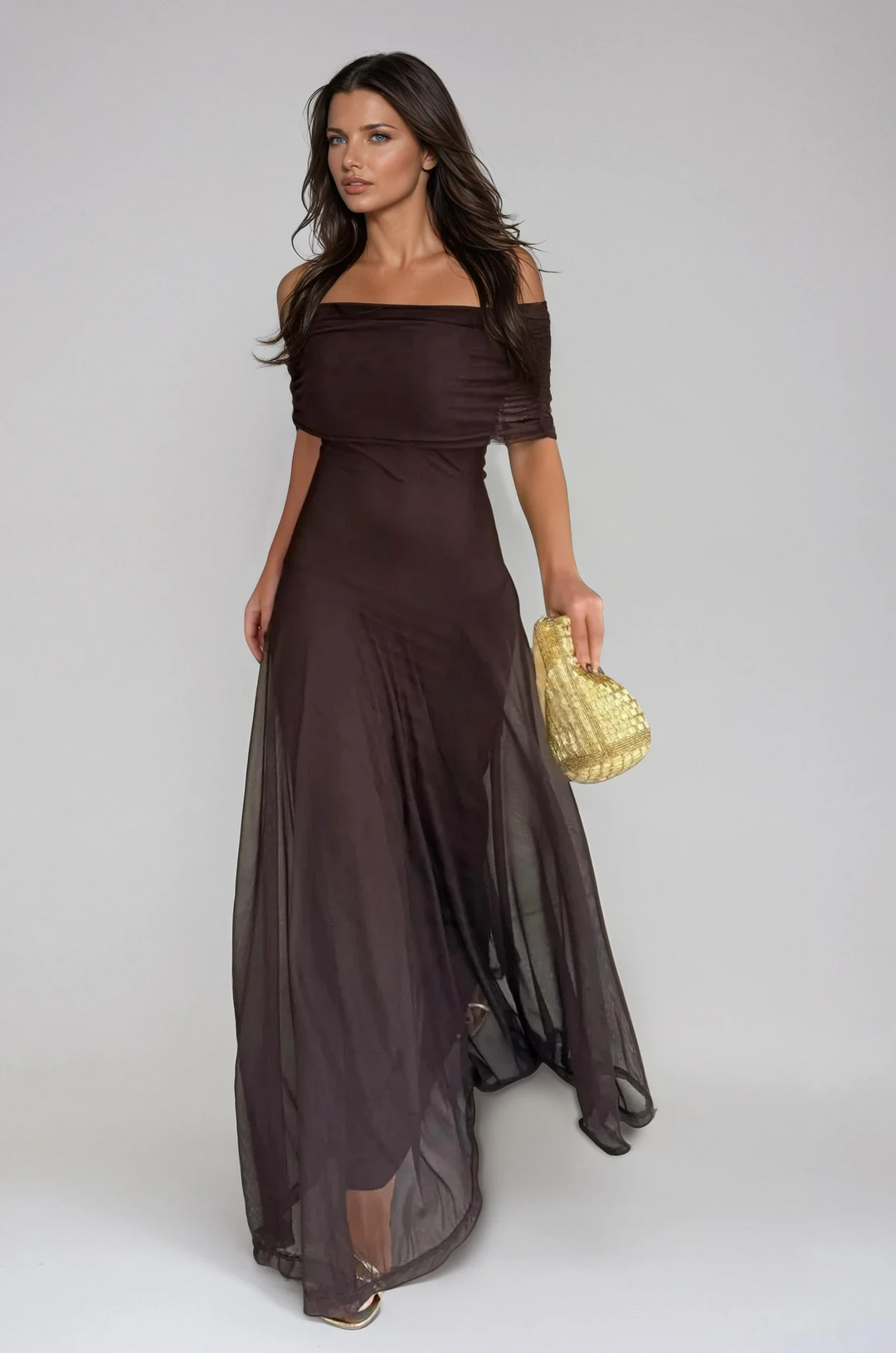 Elegant brown off-shoulder maxi dress for women, perfect for formal events & special occasions.