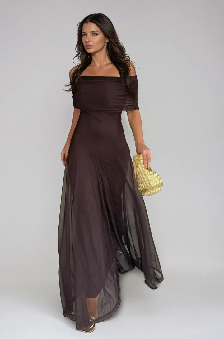 Elegant brown off-shoulder maxi dress for women, perfect for formal events & special occasions.