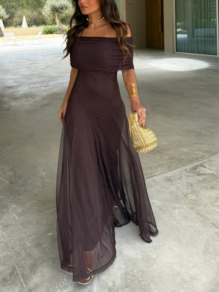 Women's flowing A-line off-shoulder maxi dress, ideal as an evening gown or party dress.