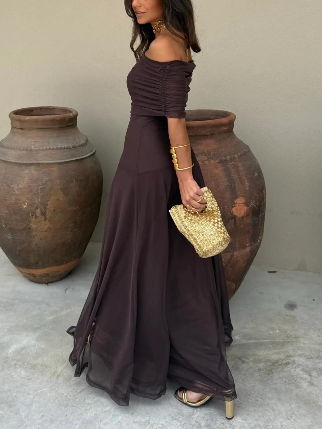 Stylish brown long dress for women with off-shoulder design, suitable for summer parties.