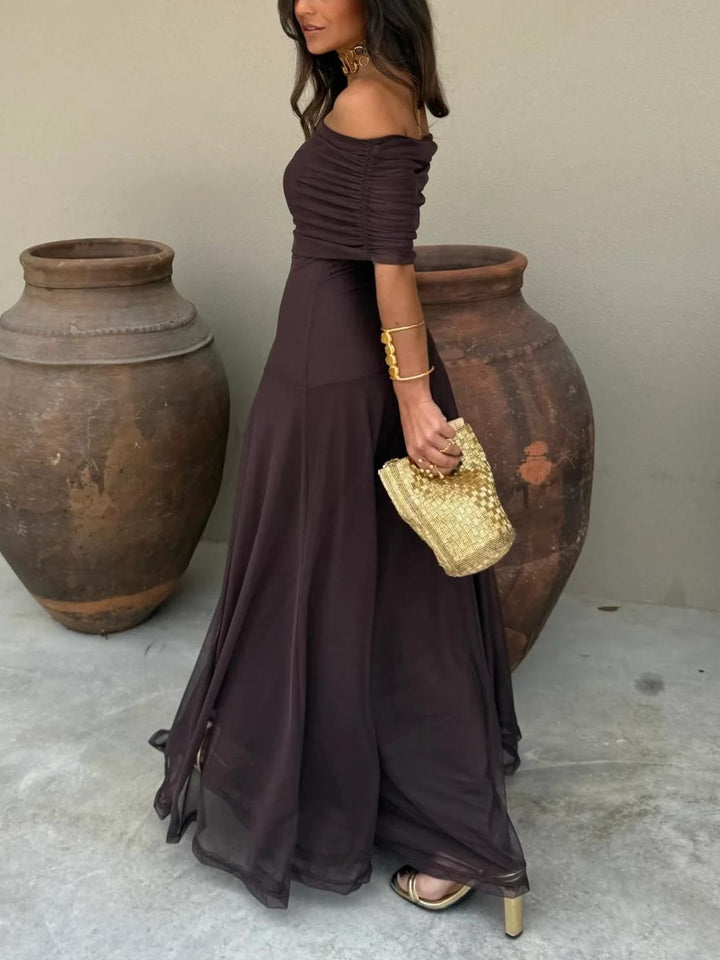 Stylish brown long dress for women with off-shoulder design, suitable for summer parties.