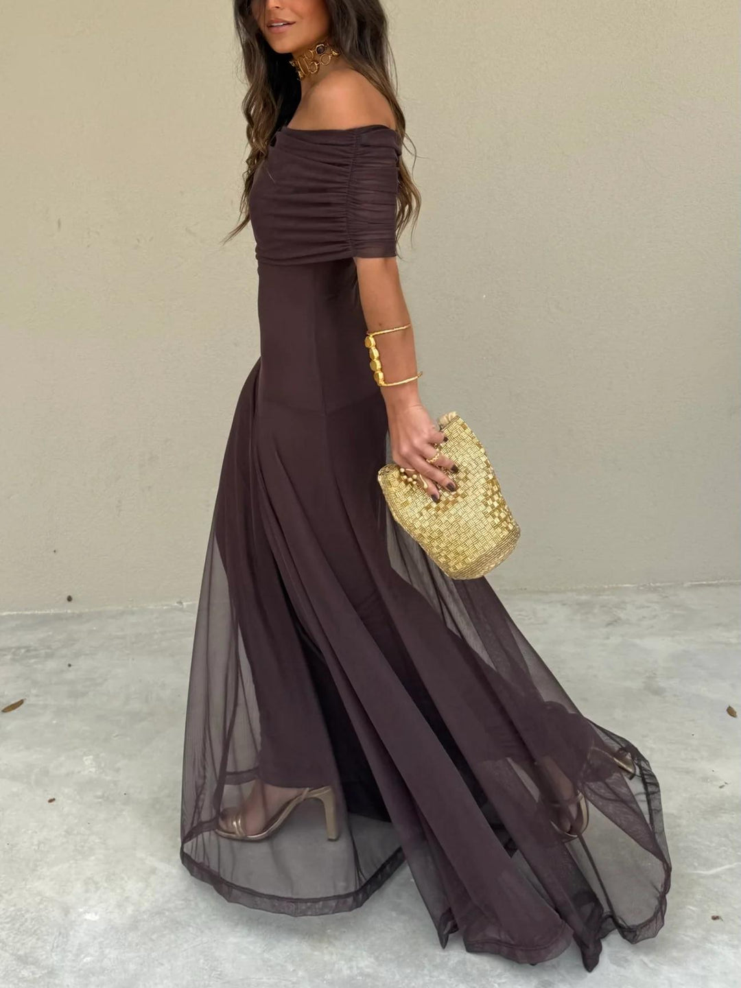 Chic off-shoulder maxi dress, an elegant women's fashion choice for formal or evening wear.