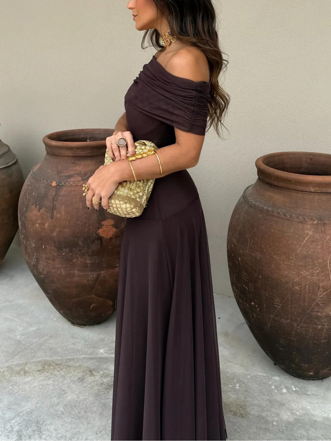 Brown off-shoulder A-line maxi dress, a sophisticated long party dress for special occasions.