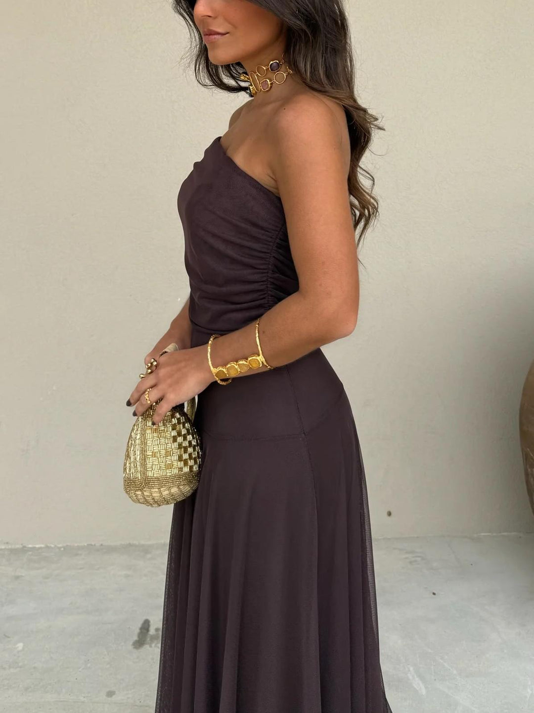 Formal brown off-shoulder long dress, a stunning A-line maxi for women's special events.