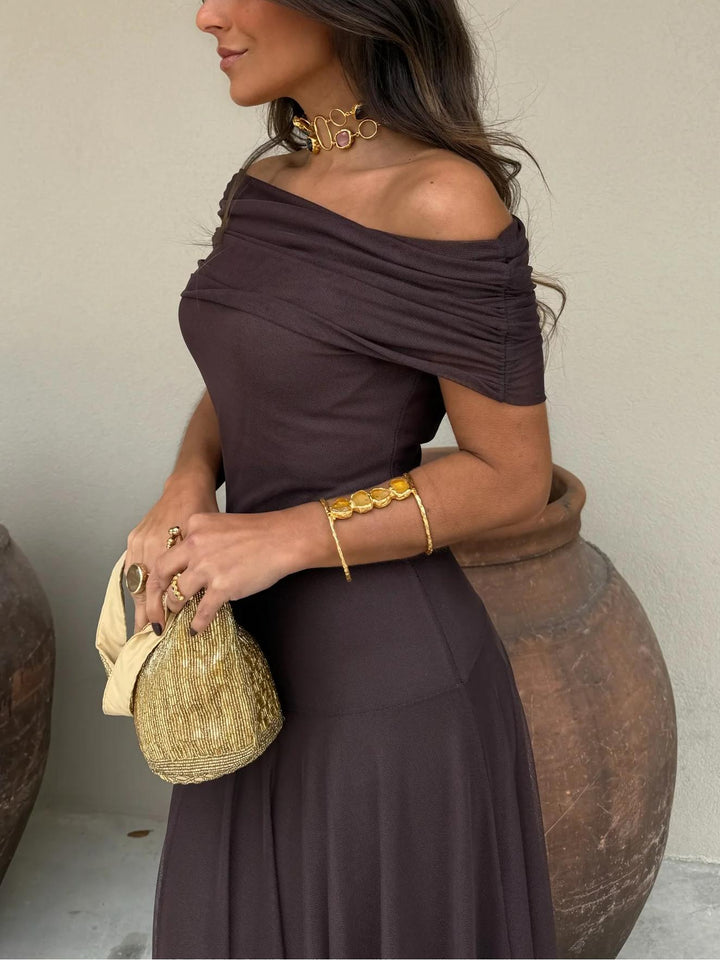 Summer off-shoulder brown maxi dress, an elegant women's flowing dress for upscale parties.