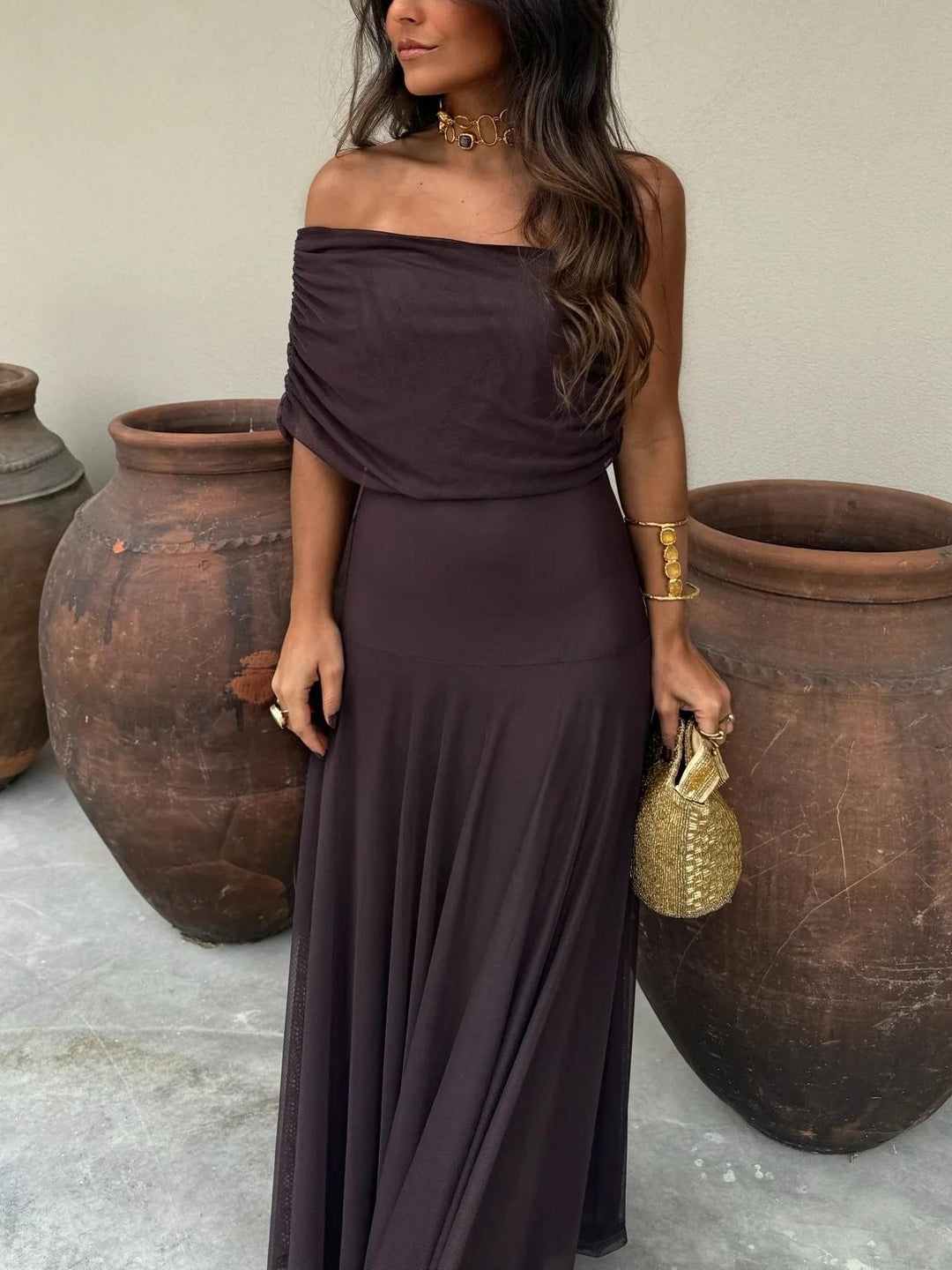 Off-shoulder A-line maxi dress in brown, a chic and elegant long dress for women's fashion.