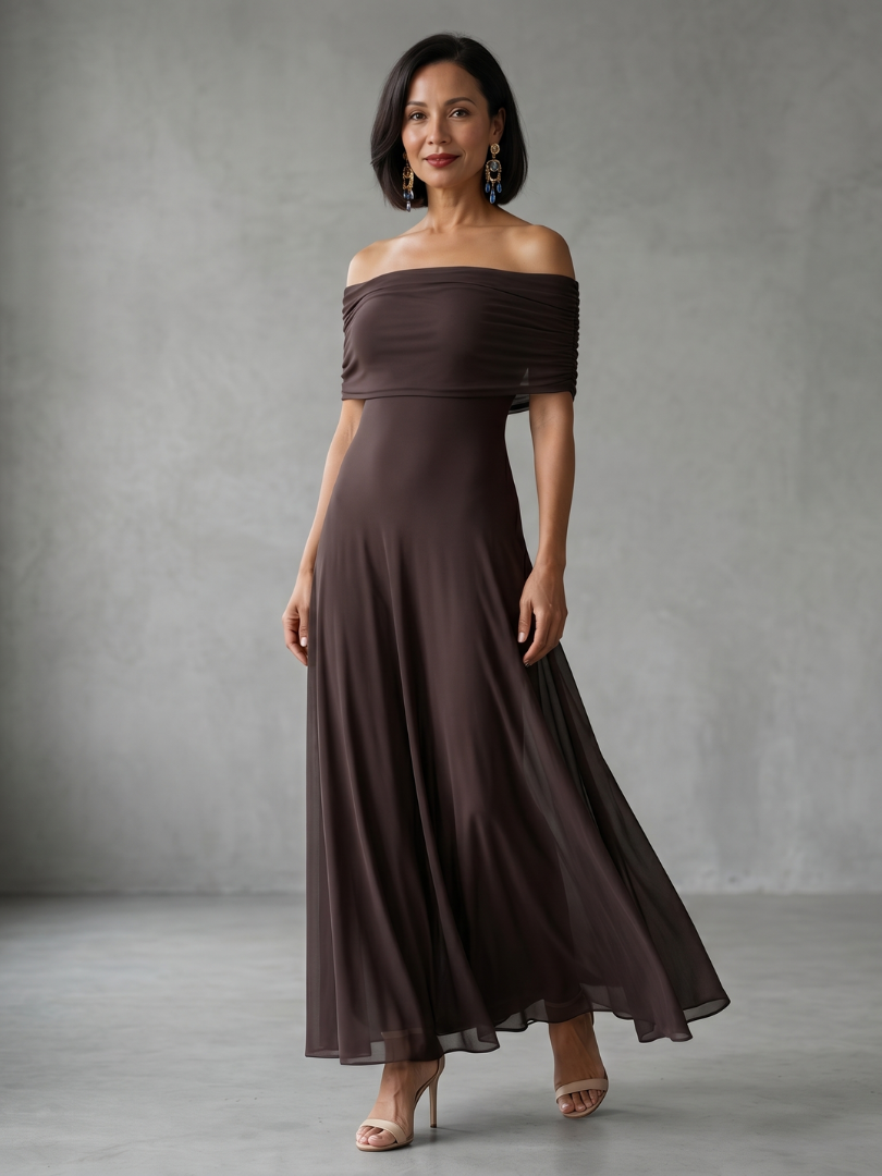 Elegant brown off-shoulder midi dress for women with a flattering draped bodice, perfect for special occasions.