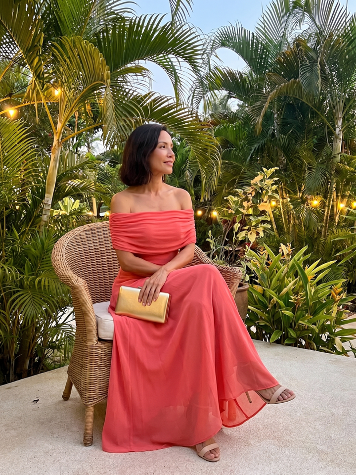 Flattering green off-shoulder midi dress for women, featuring an elegant draped bodice design. Great for parties.