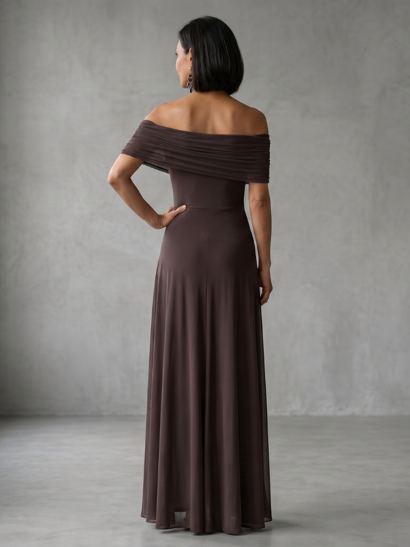 Sophisticated women's midi dress with a draped bodice, off-shoulder neckline; ideal for wedding guests.