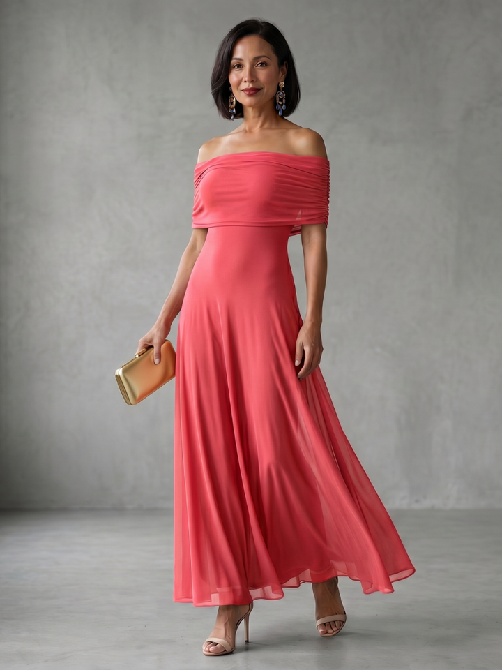 Chic off-shoulder party midi dress for women, featuring a stunning draped bodice, perfect for evening events.