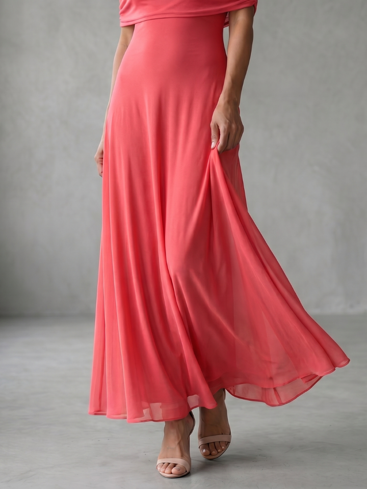 Elegant women's brown midi dress, designed with a graceful off-shoulder and stylish draped bodice.