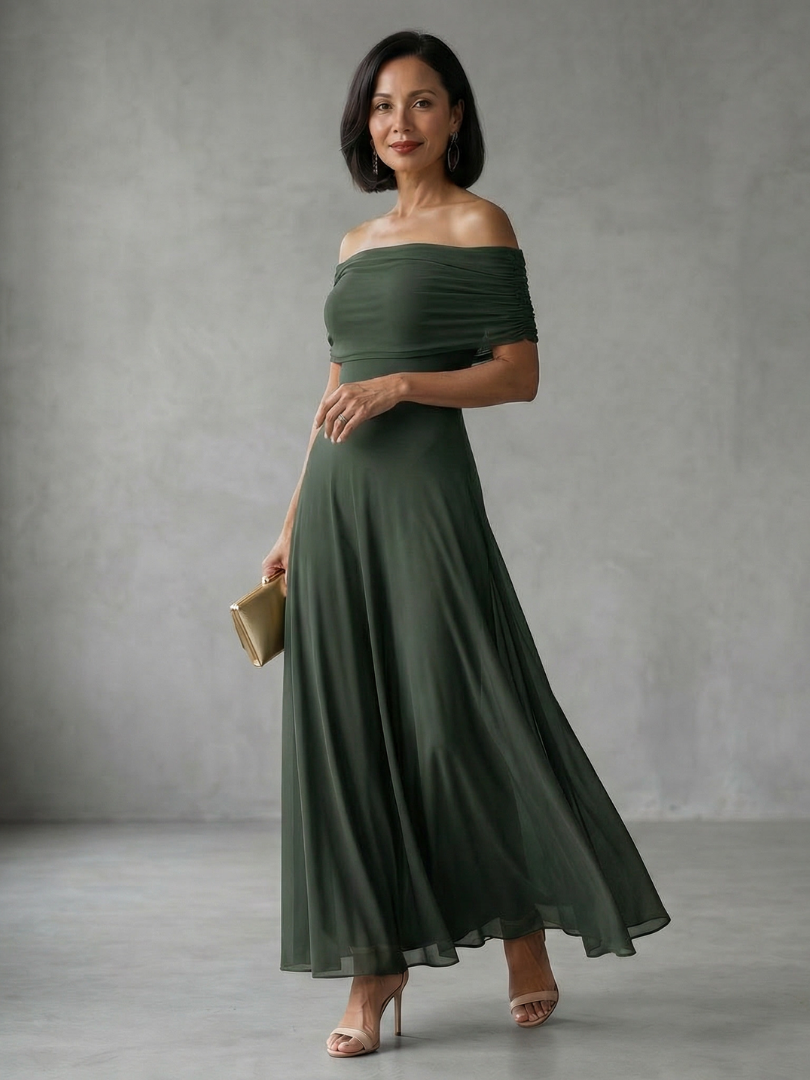 Stunning draped bodice and off-shoulder midi dress for women, a formal wear essential for special events.