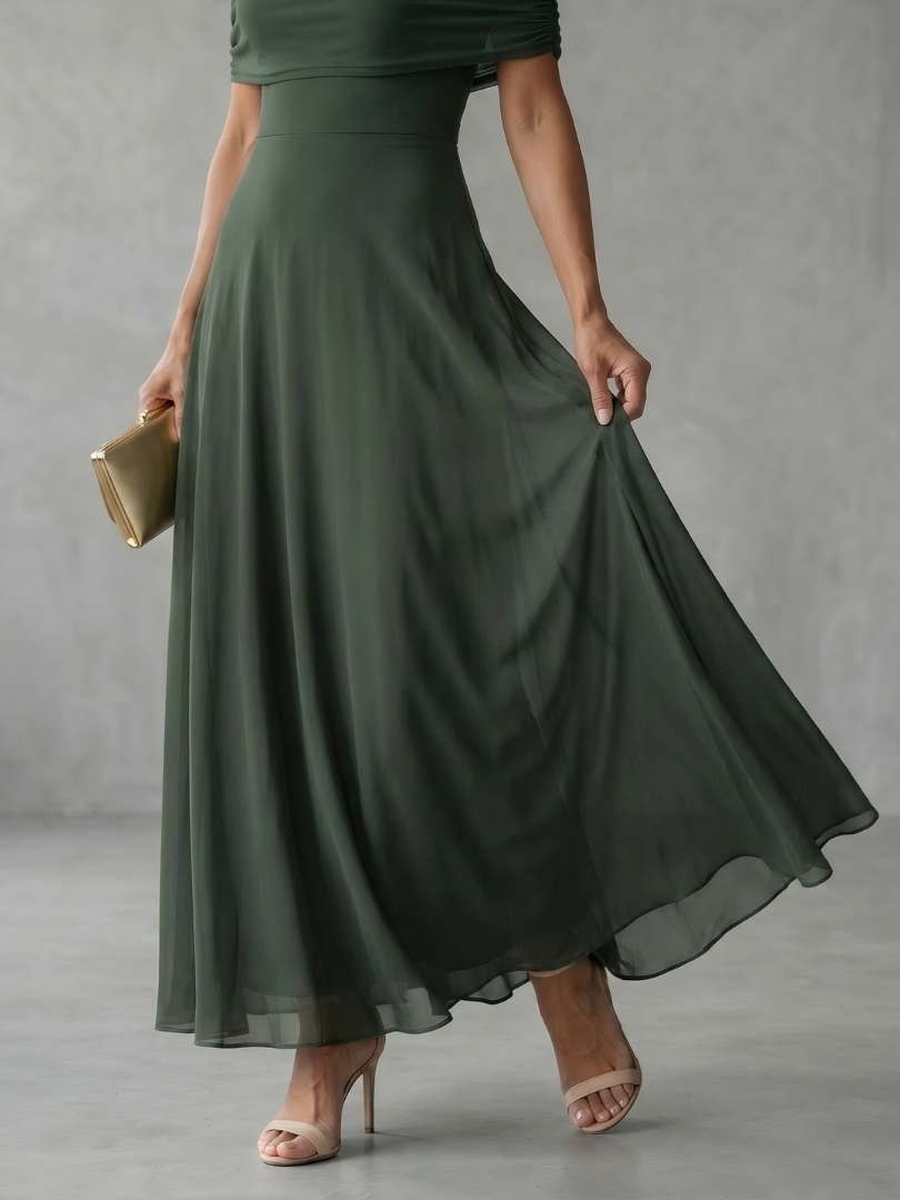Formal off-shoulder midi dress for women with an elegant draped bodice; excellent for evening and parties.