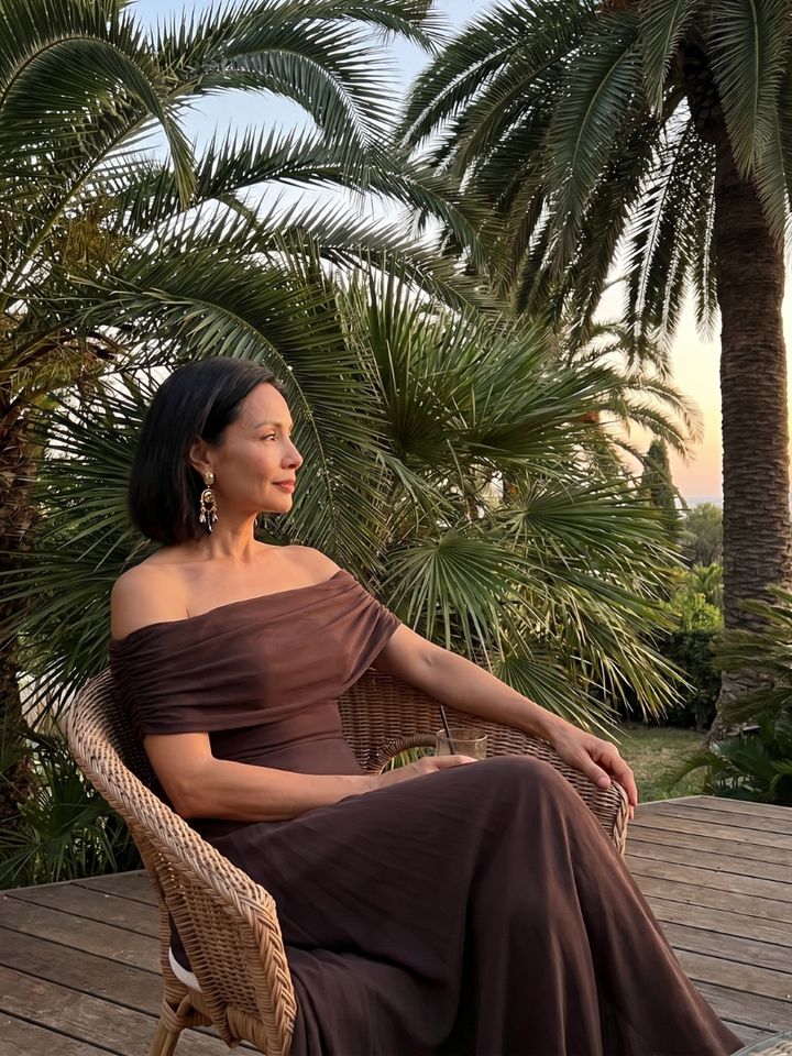 Coral pink evening midi dress: elegant off-shoulder with a sophisticated draped bodice, for stylish women.