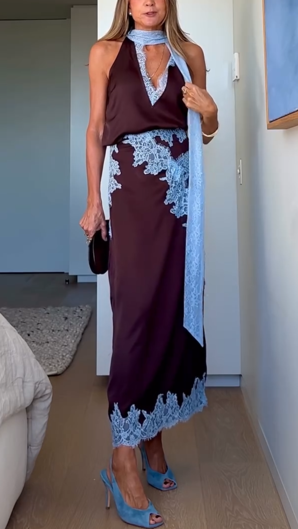 Elegant brown tie-dye halter maxi dress for women, featuring a stylish side slit, perfect for summer vacations.