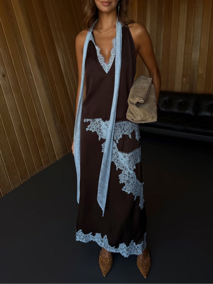 Stylish brown tie-dye women's maxi dress. Halter top, elegant side slit. Great for summer, vacation, or beachwear.