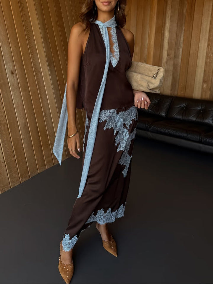 Elegant brown tie-dye halter maxi dress for women, with a chic side slit, perfect for resort or evening wear.