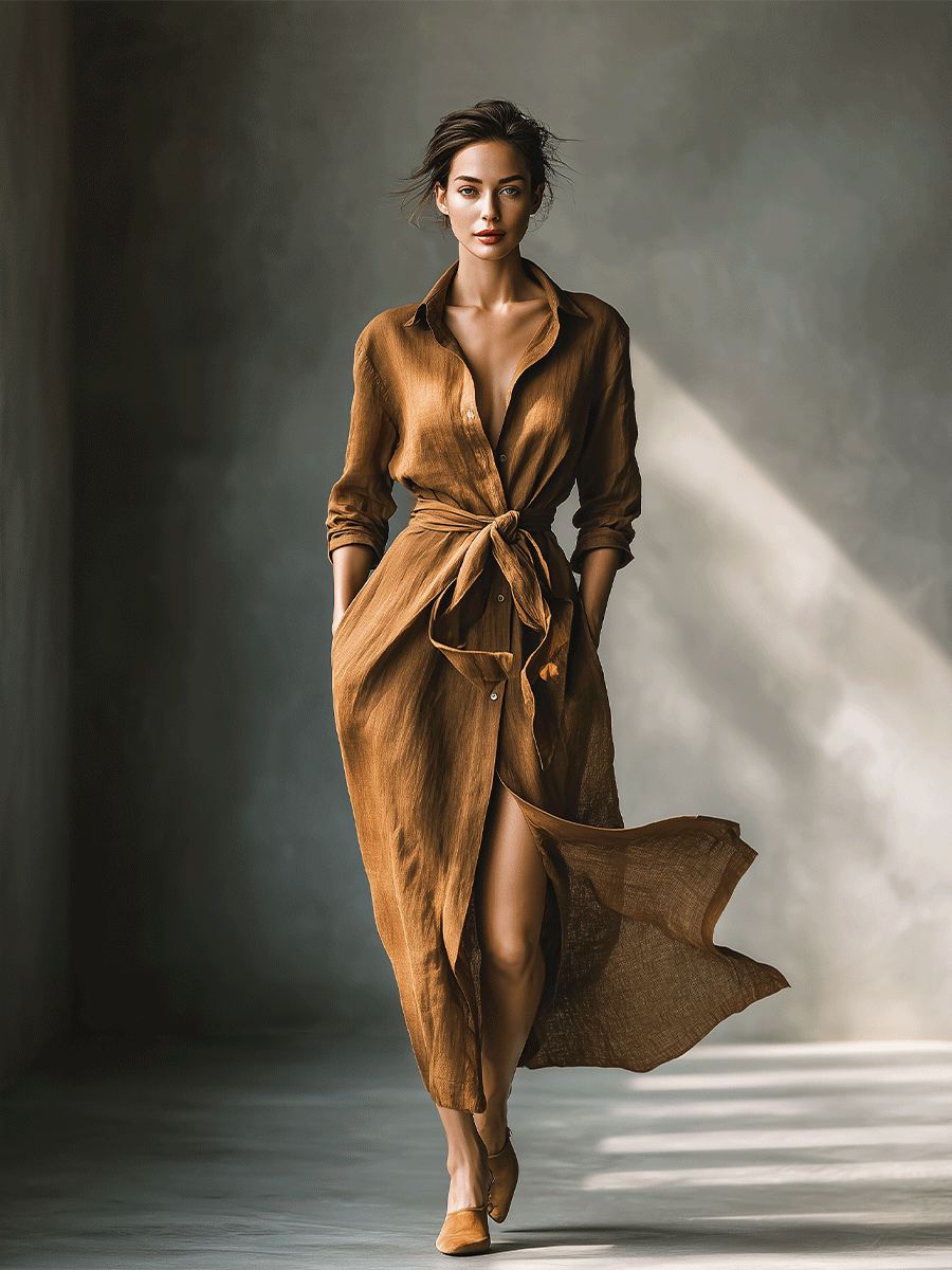 Versatile brown long-sleeve maxi shirt dress for women, featuring a comfortable tie-waist & V-neck. Autumn style.