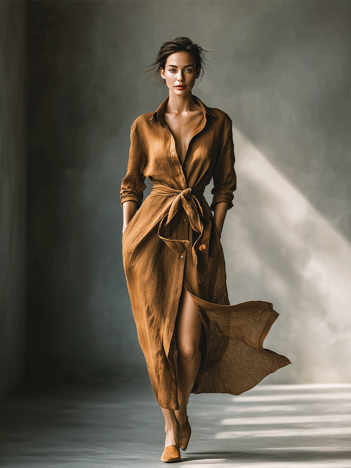 Versatile brown long-sleeve maxi shirt dress for women, featuring a comfortable tie-waist & V-neck. Autumn style.