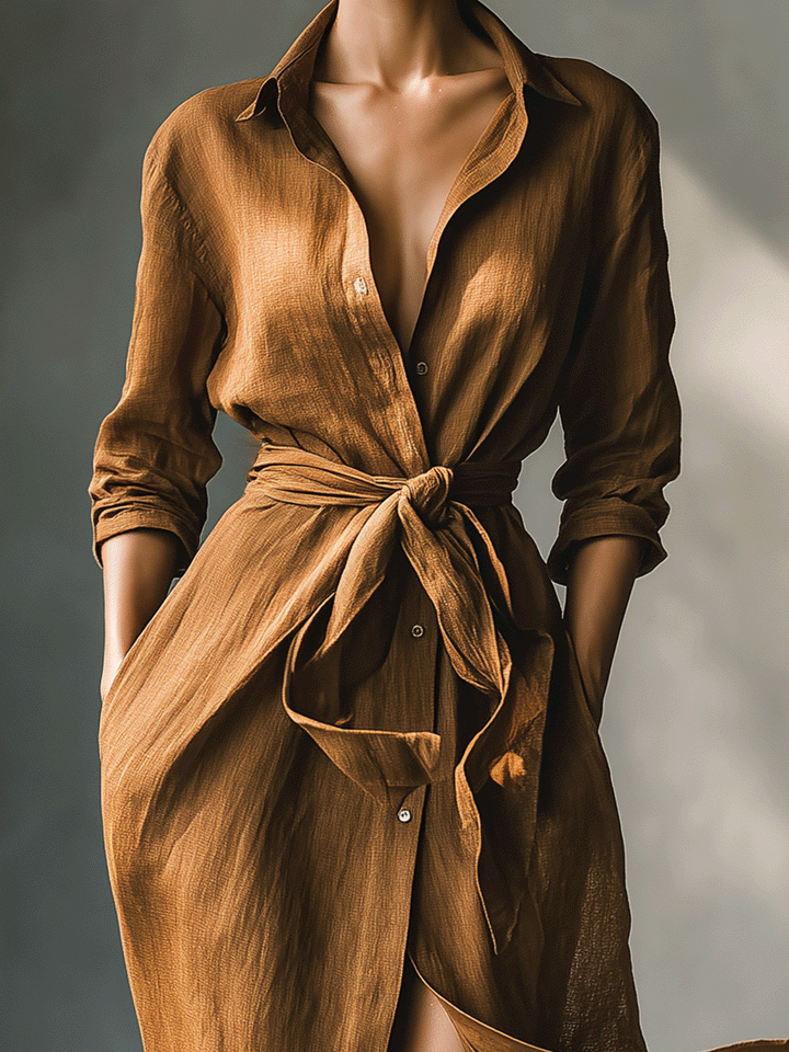 Stylish brown women's maxi dress. Elegant long-sleeve shirt dress with a flattering tie-waist & V-neck design.