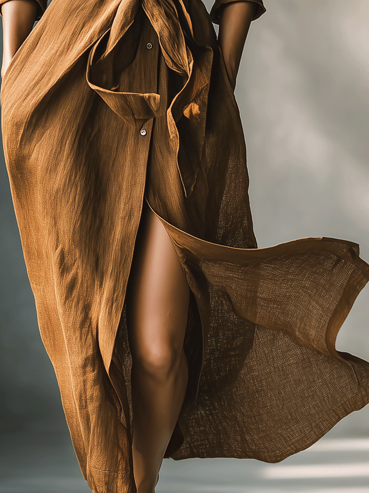 Fall fashion women's brown maxi shirt dress, featuring a chic tie-waist, V-neck, & long sleeves. Elegant & comfy.