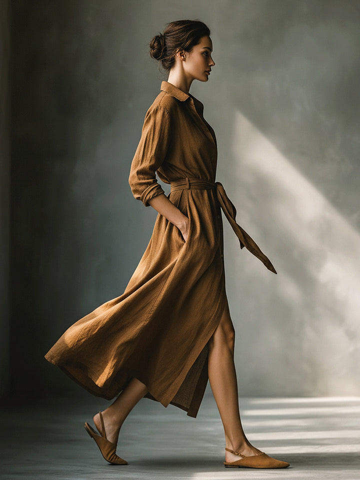 Women's elegant brown tie-waist maxi shirt dress. Long sleeve V-neck design for versatile fall & autumn style.