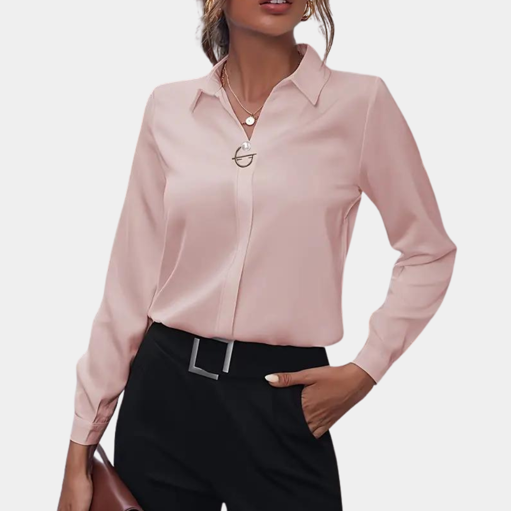 Fashionable women's long sleeve flowy chiffon blouse. Elegant spring/summer top for a sophisticated look.