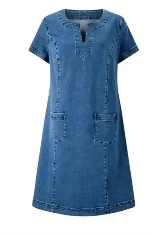 Versatile women's blue midi dress, ideal for work, casual outings, or formal events. Comfortable & elegant.