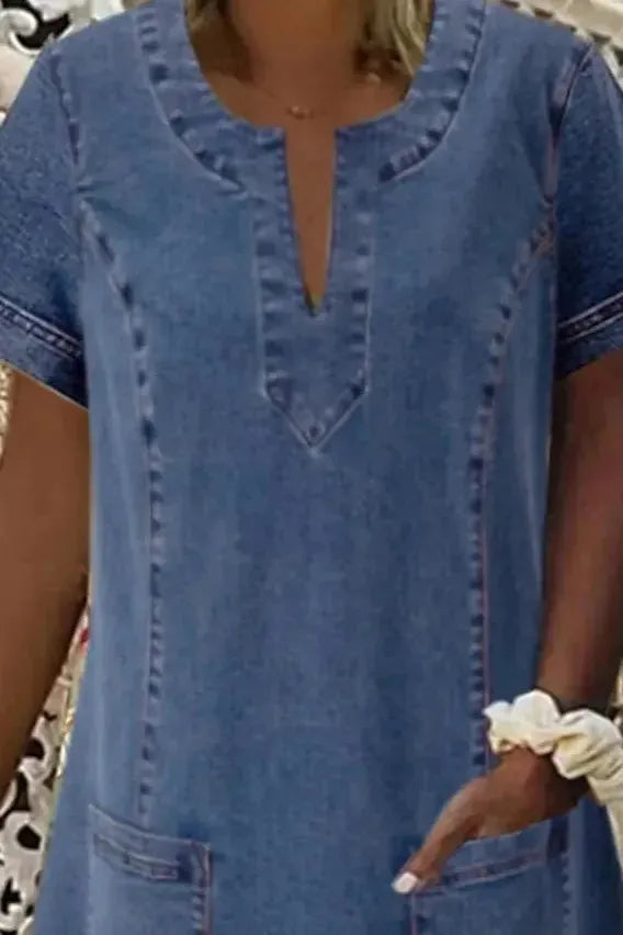 Chic women's blue A-line midi dress, an elegant & comfortable style perfect for spring & summer fashion.